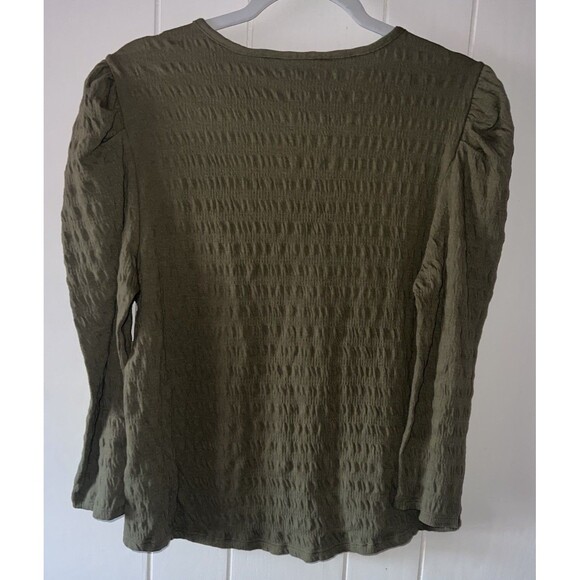 Frye and Co Women's Scoop Neck M Elbow Sleeve Blouse Burnt Olive Green Tie Front - Picture 2 of 7